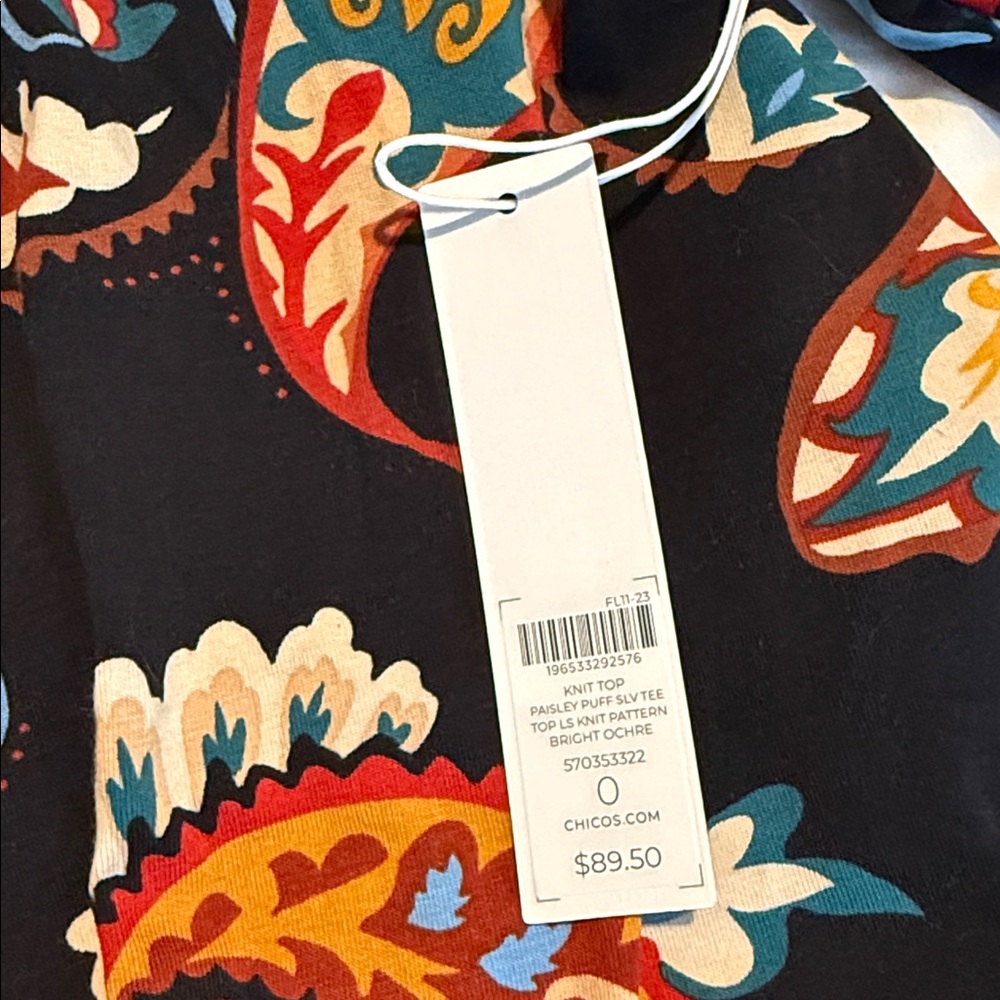 Chico's Woman's Paisley Puff Sleeve Tee Top Long Sleeve Size 0 Small NWT - Picture 7 of 11